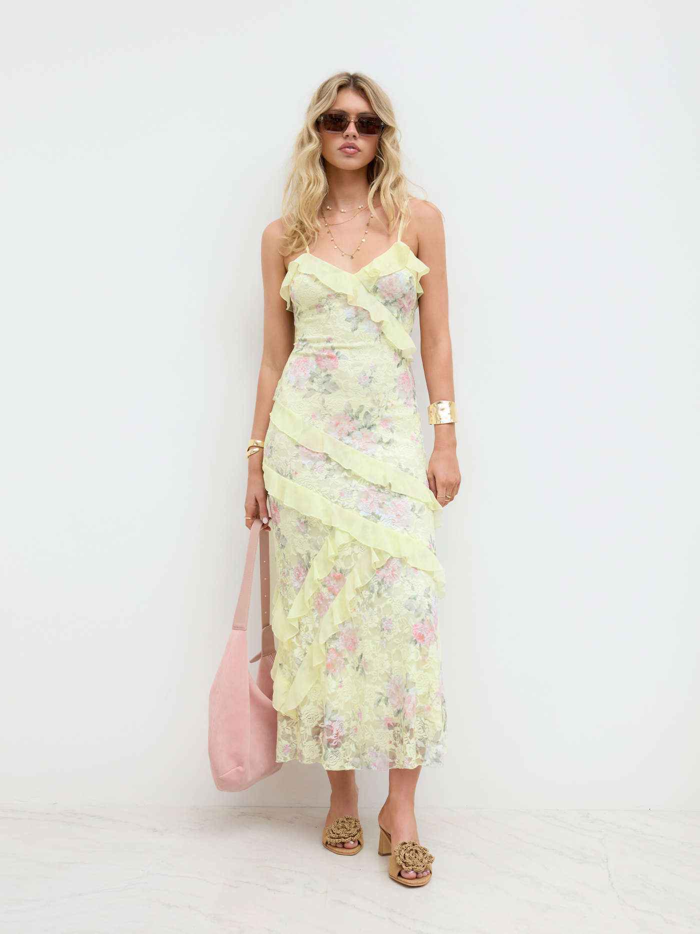Lace V-neck Floral Ruffle Maxi Dress | Cider