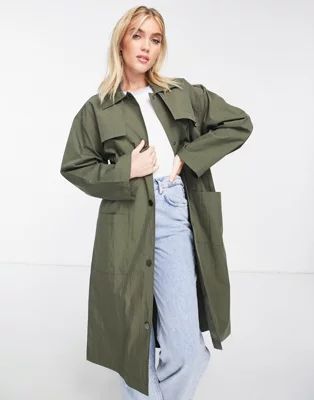 Pieces sonni longline trench in khaki | ASOS (Global)