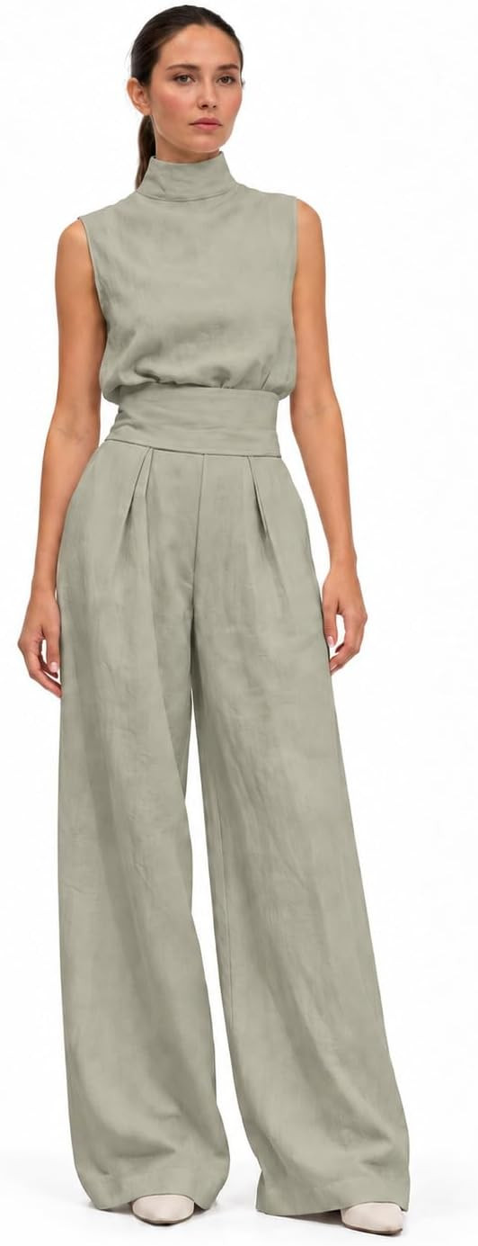 Two Piece Sets for Women Summer, Mock Neck Top & Wide Leg Pants with Pocket | Amazon (US)