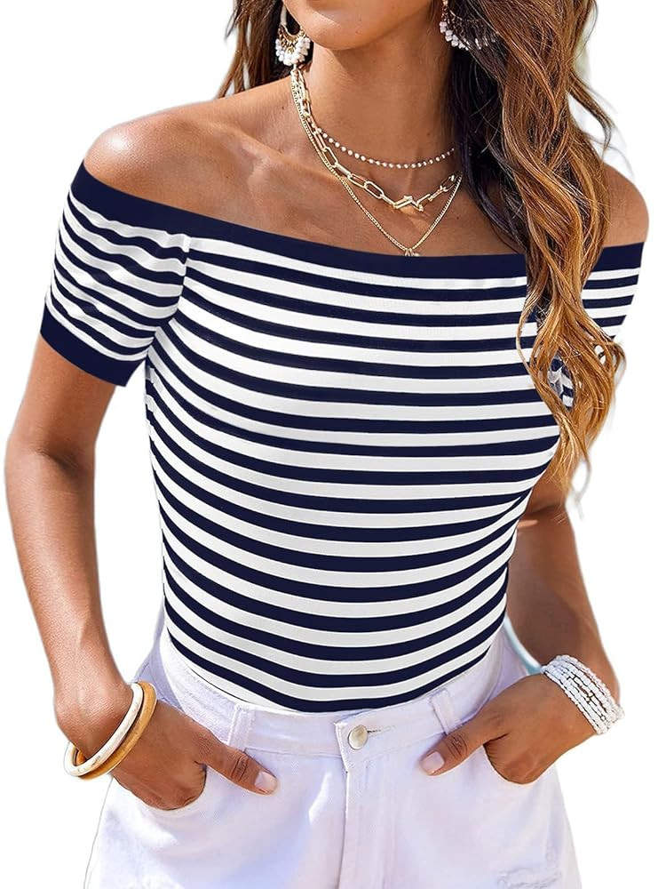 LilyCoco Striped Off The Shoulder Tops for Women Short Sleeve Sexy Fitted Pirate Shirt | Amazon (US)