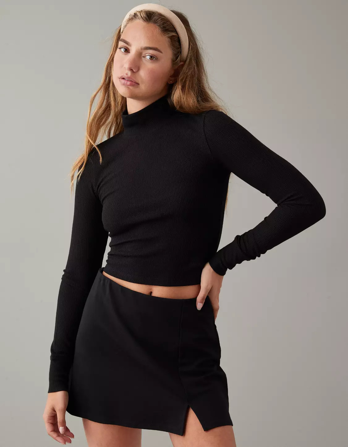 AE Long-Sleeve Cropped Hey Baby Mock Neck Tee | American Eagle Outfitters (US & CA)
