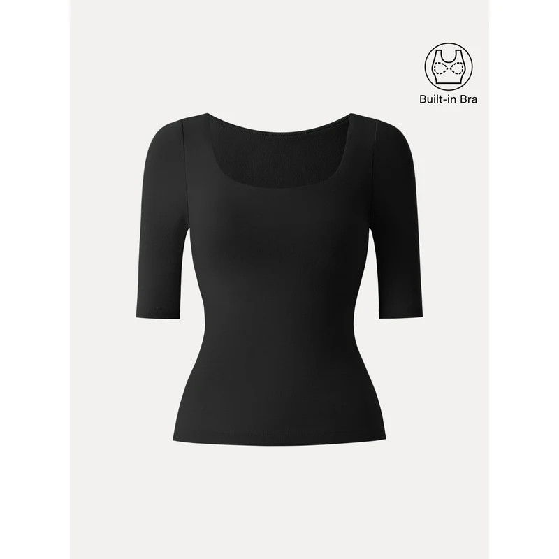 Essential Square Neck Elbow Length Sleeve Bra Top | OGLmove