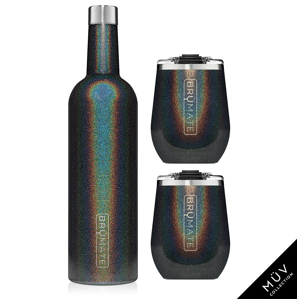 Winesulator + 2 Uncork'd XL Wine Tumblers/Lids | Glitter Charcoal MÜV | BruMate