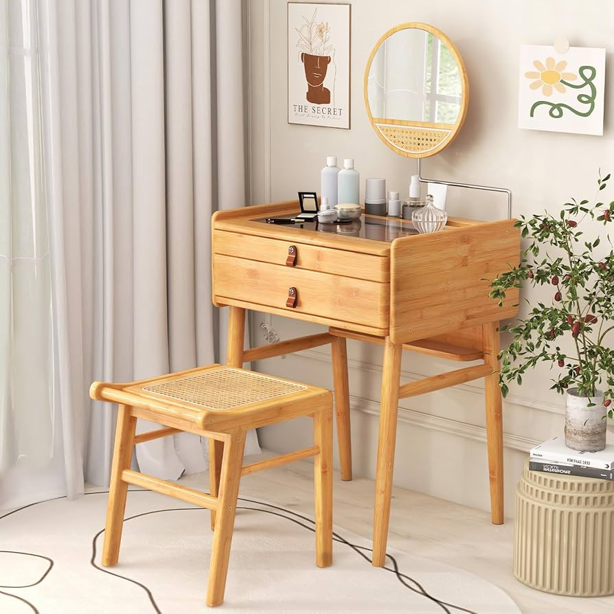 GOFLAME Bamboo Vanity Table Set with Adjustable Mirror, Dressing Table and Stool Set with Tempere... | Amazon (US)