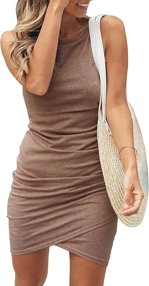 BTFBM Women 2024 Summer Sleeveless Tank Dresses Crew Neck Slim Fit Short Casual Ruched Bodycon Pa... | Amazon (US)