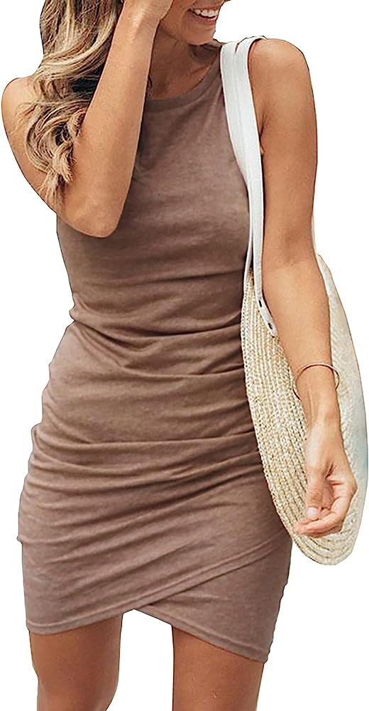 BTFBM Women 2024 Summer Sleeveless Tank Dresses Crew Neck Slim Fit Short Casual Ruched Bodycon Pa... | Amazon (US)