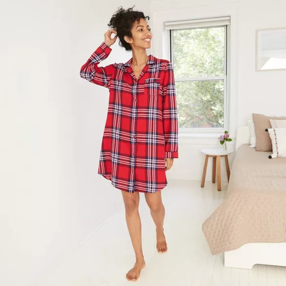 Women's Plaid Perfectly Cozy Flannel Long Sleeve Notch Collar Nightgown - Stars Above™ | Target