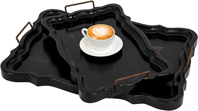 MyGift Rustic Black Brown Wood Large Serving Tray with Handles, Rectangular Decorative Curve Edge... | Amazon (US)