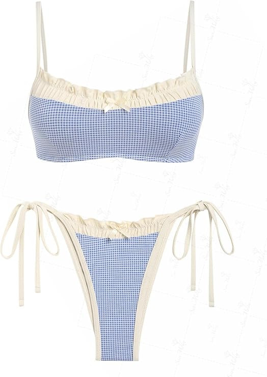 seamoly Gingham Spliced Ruched Ruffles Trim Bowknot Decor Tie Side Bikini Set | Amazon (US)