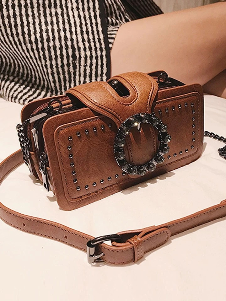 Studded & Buckle Decor Square Bag | SHEIN