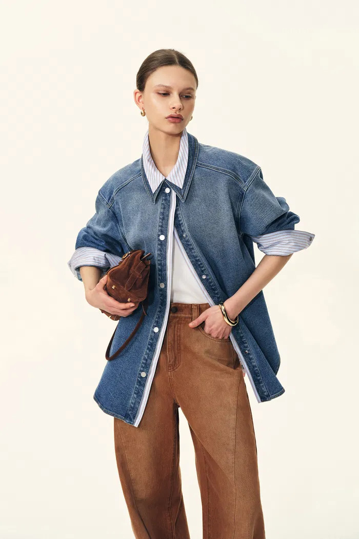 Harlow Striped Contrast Patchwork Shirt in Cotton Denim | Fabrique