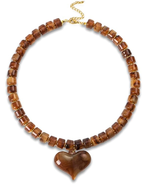 Brown Acrylic Puff Heart Pendant Necklace for Women Exaggerated Statement Chunky Resin Beaded Str... | Amazon (US)