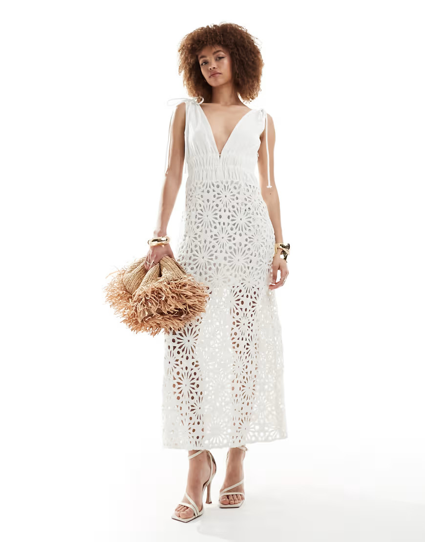 Amy Lynn linen maxi dress with crochet skirt in cream-White | ASOS (Global)