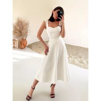 Elegant White Midi Dress, Minimalist Wedding Square Neck A-Line Bridal Shower Outfit, Sleeveless Formal Gown, Summer Dress | Etsy (US)