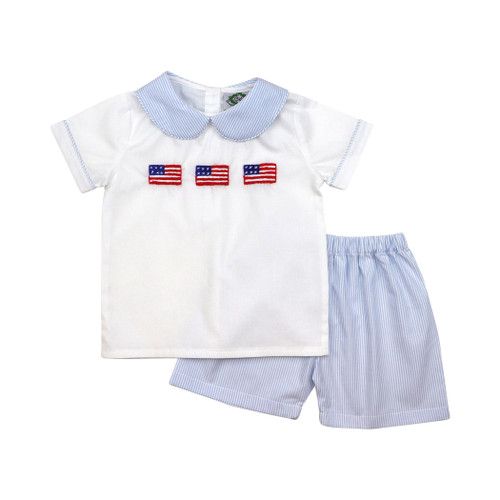 Blue Mini Stripe Embroidered Flag Short Set | Cecil and Lou