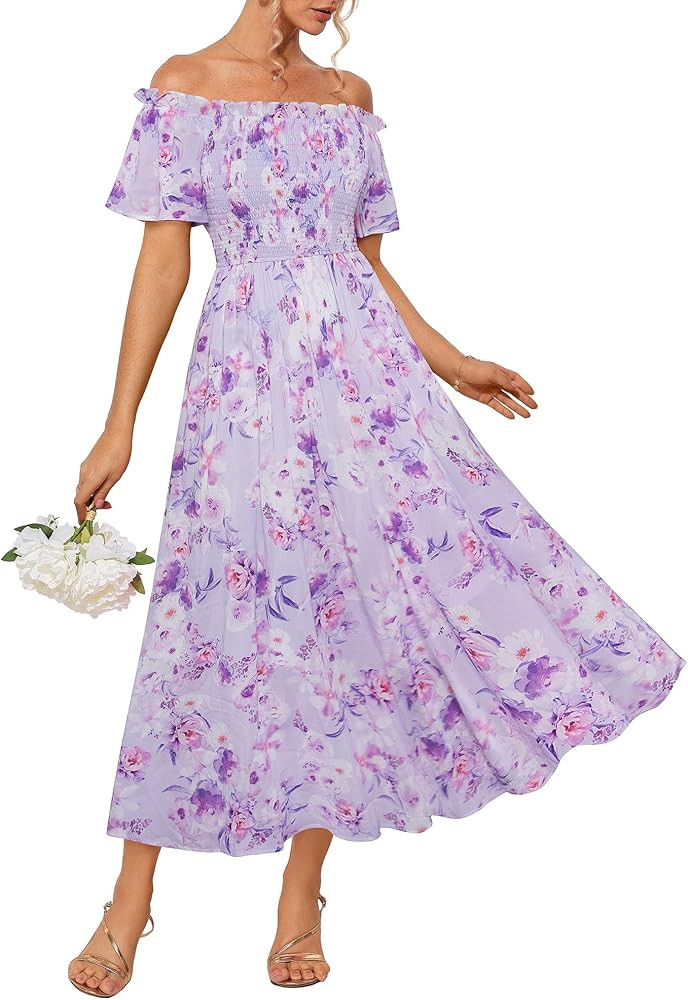 GRACE KARIN Women's 2025 Summer Floral Smocked Off Shoulder Flowy A Line Maxi Dresses Formal Wedd... | Amazon (US)