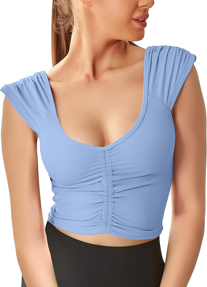 Women Workout Tops Sleeveless Yoga Longline Sports Bra Cutout Short Sleeve Crop Tank Top Gym Runn... | Amazon (US)