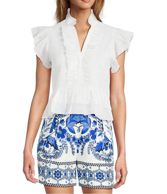 Woven Ruffle Collar Split V-Neck Flutter Cap Sleeve Cropped Blouse | Dillard's