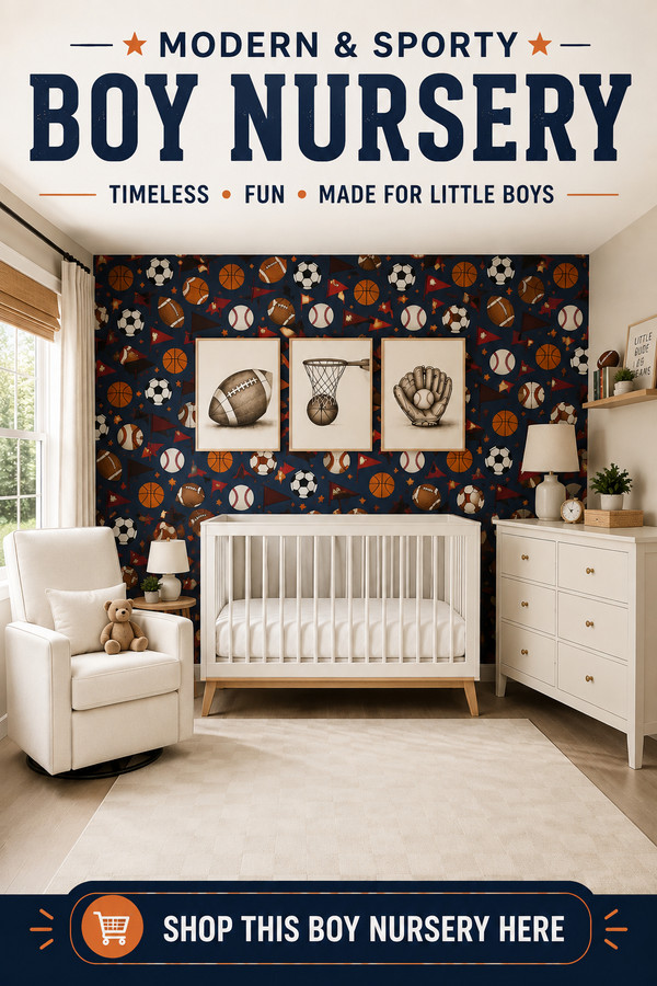 Design the perfect sports-themed boy nursery with this modern, cozy nursery inspiration