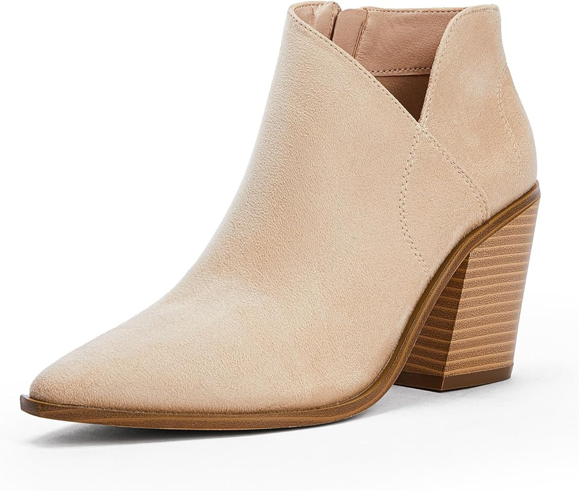 Womens Ankle Boots V Cutout Pointed Toe Western Booties Chunky Heel Side Zipper Chelsea Boots | Amazon (US)