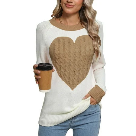 Women s Heart Pattern Knit Sweater Long Sleeve Crew Neck Pullover Soft Cozy Cable Knit Jumper for Fall and Winter | Walmart (US)