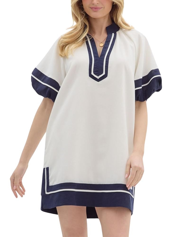 Esmeling Women’s Color Block Pullover Dress V Neck Puff Sleeve Shirt Dress Casual Mini Dress wi... | Amazon (US)