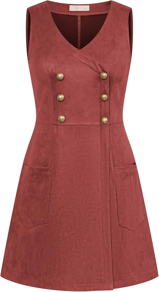 Belle Poque Women Pinafore Dress Vintage V Neck Double Breasted Overall Dress with Pockets | Amazon (UK)
