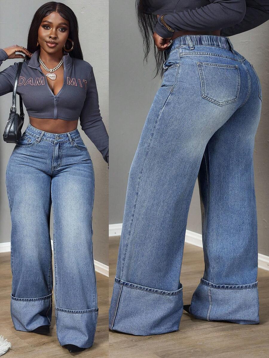 SHEIN PETITE CURVE Plus Size Women High Waist Pockets Wide Leg Loose Casual Versatile Jeans | SHEIN