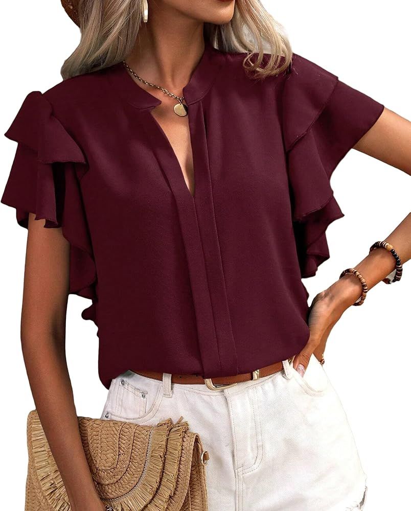 Women's Summer Chiffon Tops Trendy V Neck Curtain Ruffle Short Sleeve Shirts Dressy Casual Outfit Blouse | Amazon (US)