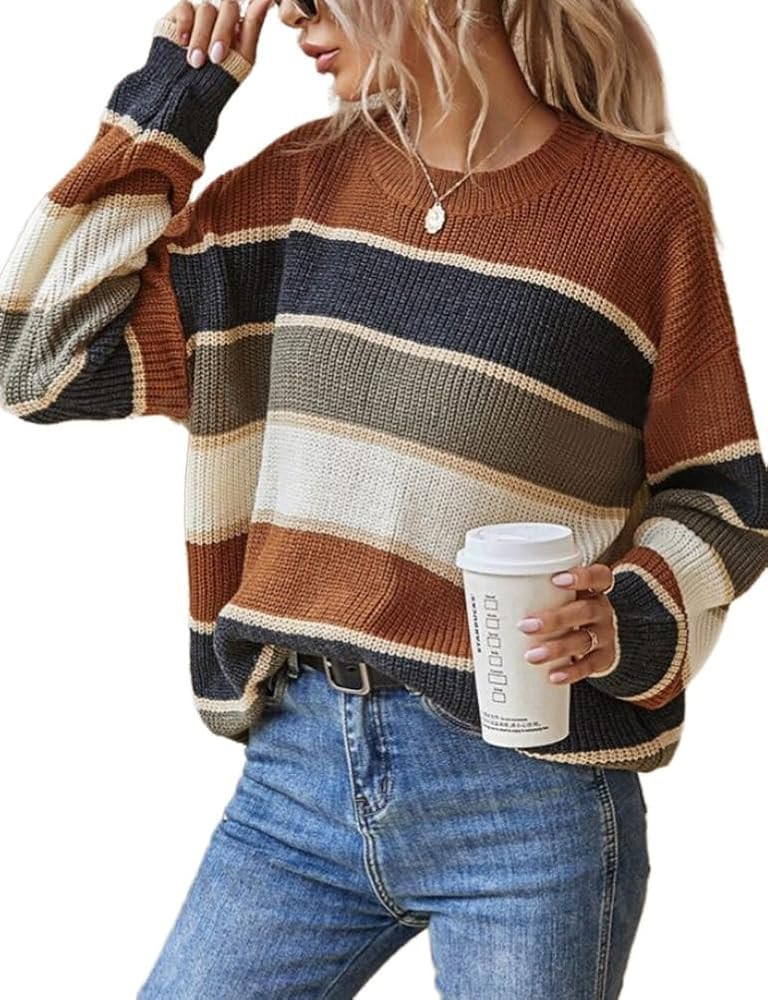 Kinghua Striped Knit Sweater for Women Fall Winter Casual Trendy Crewneck Pullover Color Block Sw... | Amazon (US)