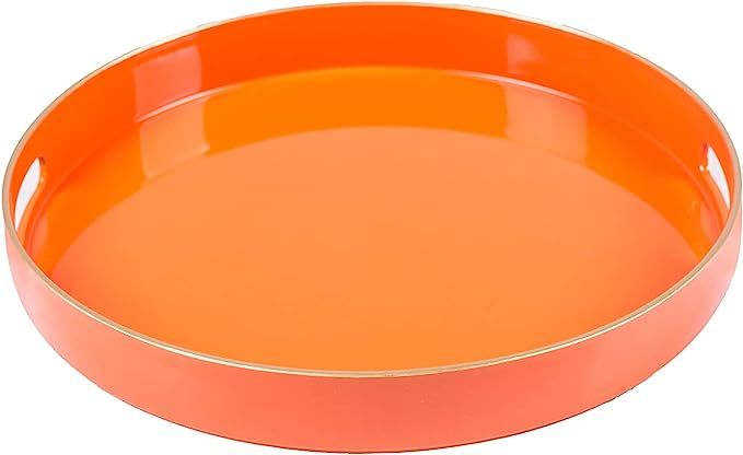 MAONAME Round Orange Decorative Tray for Coffee Table, 13-inch Modern Plastic Tray with Handles, ... | Amazon (US)