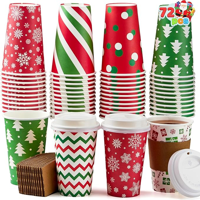 JOYIN 72 PCS Christmas Disposable Party Paper Cups, 16 oz Merry Christmas Coffee Cups With Sleeve... | Amazon (US)
