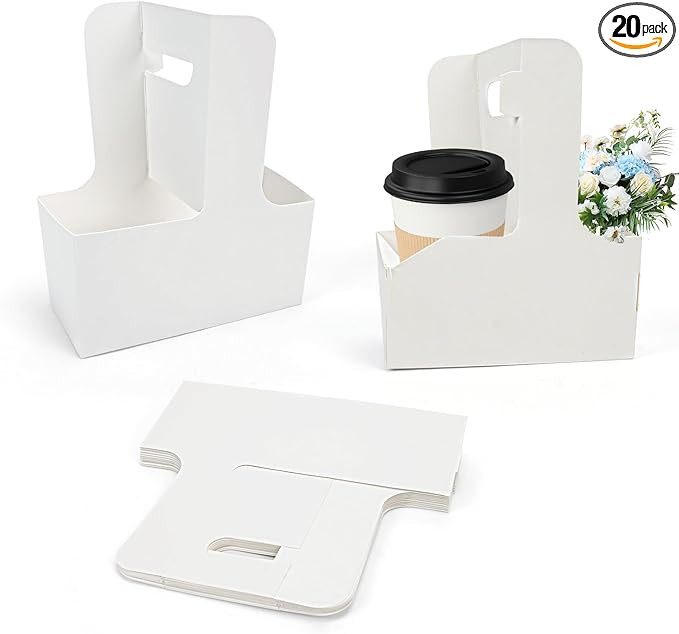 HFH Disposable 2-Cup Drink Carrier with Handle, Cardboard Cup Holder for Takeout, White (20P) | Amazon (US)