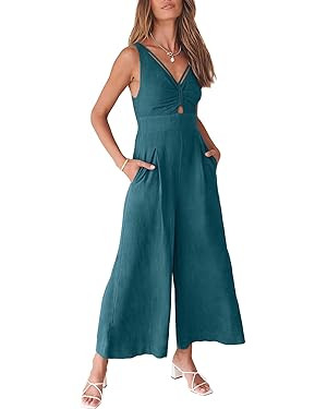 ANRABESS Women's Summer Wide Leg Linen Jumpsuits Dressy V Neck Sleeveless Casual Pants Rompers 20... | Amazon (US)