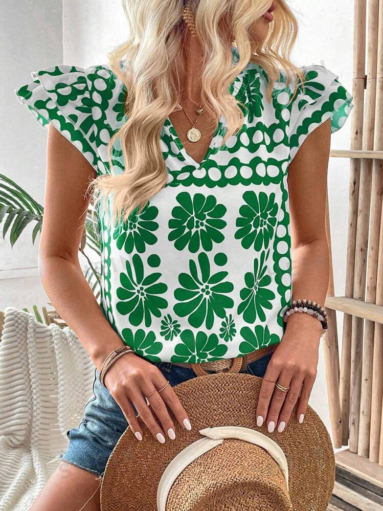 SHEIN Essnce Women's Fashion Summer Printed Vacation Style V-Neck Blouse | SHEIN