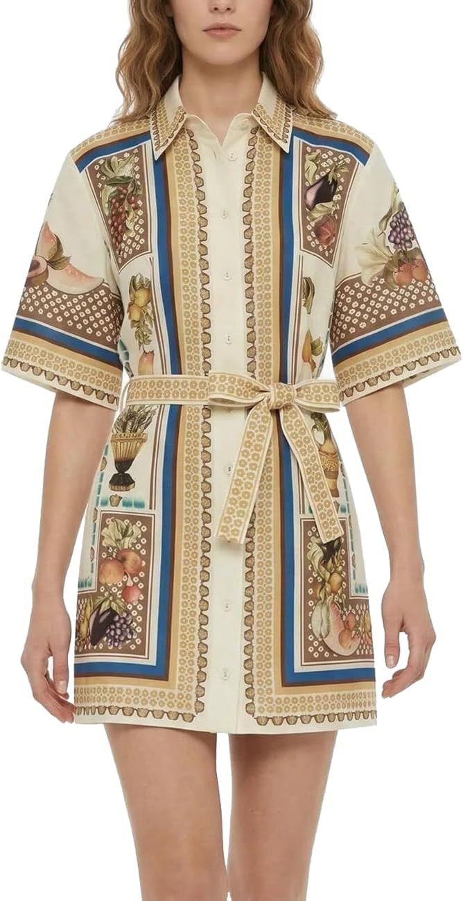 Femiserah Women's Summer Button Down Shirt Dresses with Belt Short Sleeve Floral Collared Dress V... | Amazon (US)