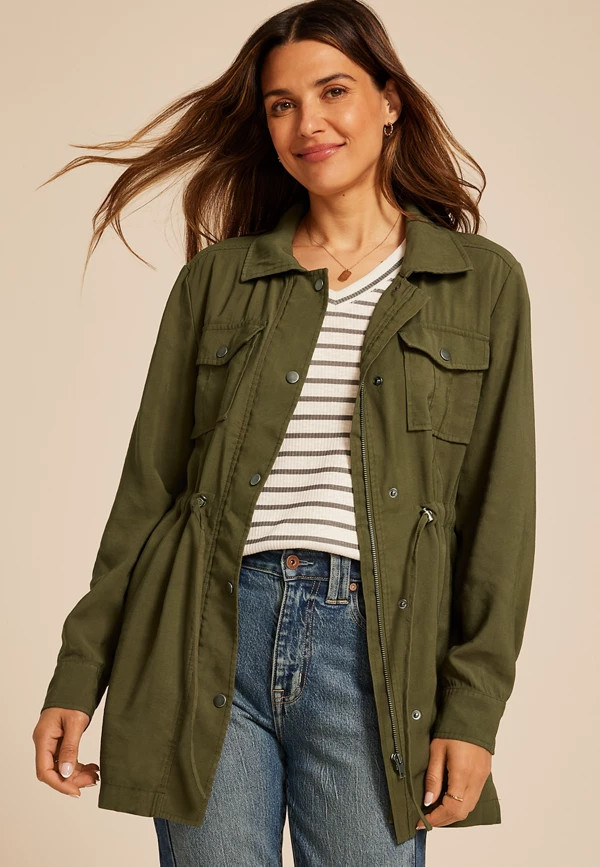Olive Twill Cinched Waist Jacket | Maurices