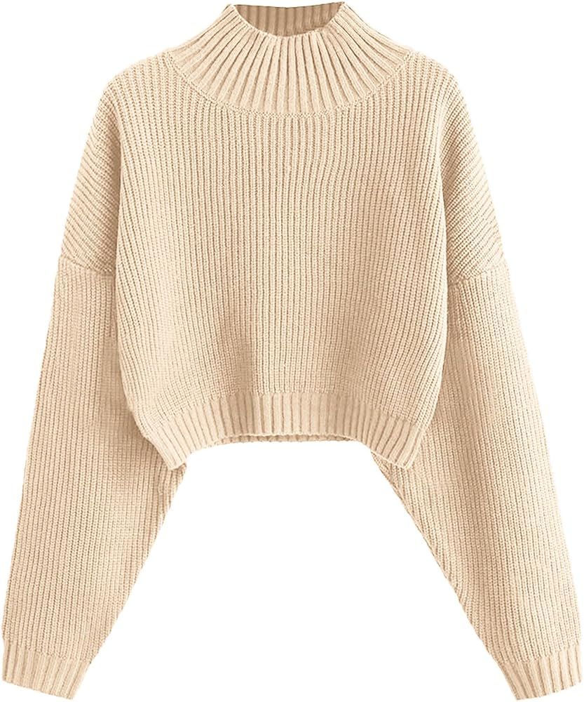 ZAFUL Women's Cropped Turtleneck Sweater Lantern Sleeve Ribbed Knit Pullover Sweater Jumper | Amazon (US)