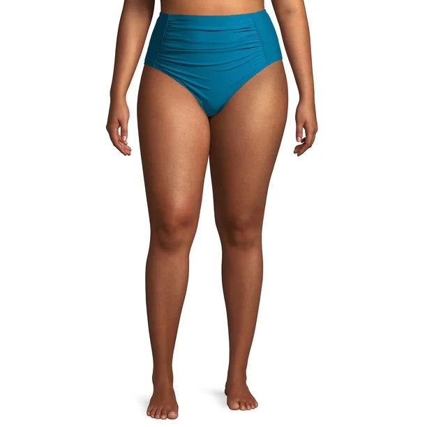 Time and Tru Women's Plus Size Odes Sea Solid Ruched High Waist Swimsuit Bottoms | Walmart (US)