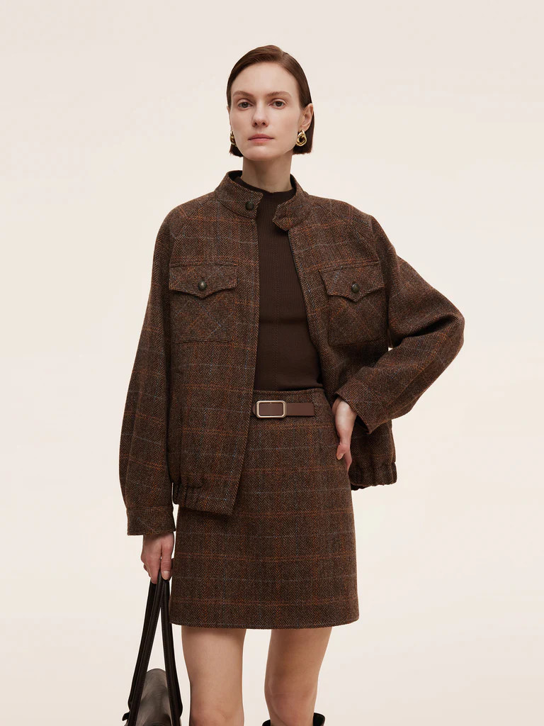 100% Wool Plaid Zip-Up Women Jacket | GOELIA