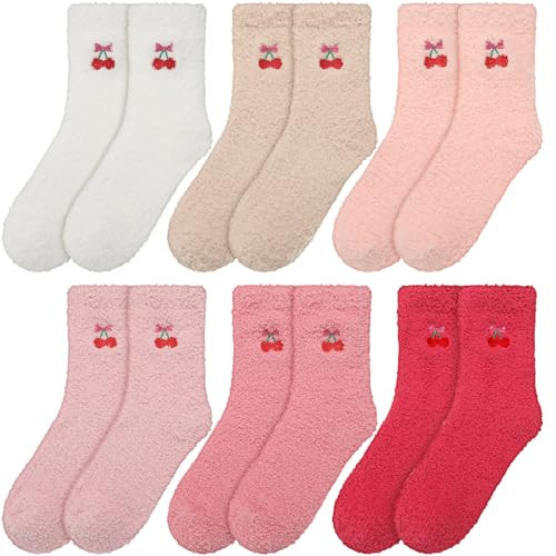 Tivi Tovo 6 Pairs Cherry Fuzzy Socks Gift for Women Home Cozy Fluffy Winter Warm Slipper Socks Coquette Fluffy Sleep Stuff for Birthday Holiday Cherry Themed Party Gifts | Amazon (US)