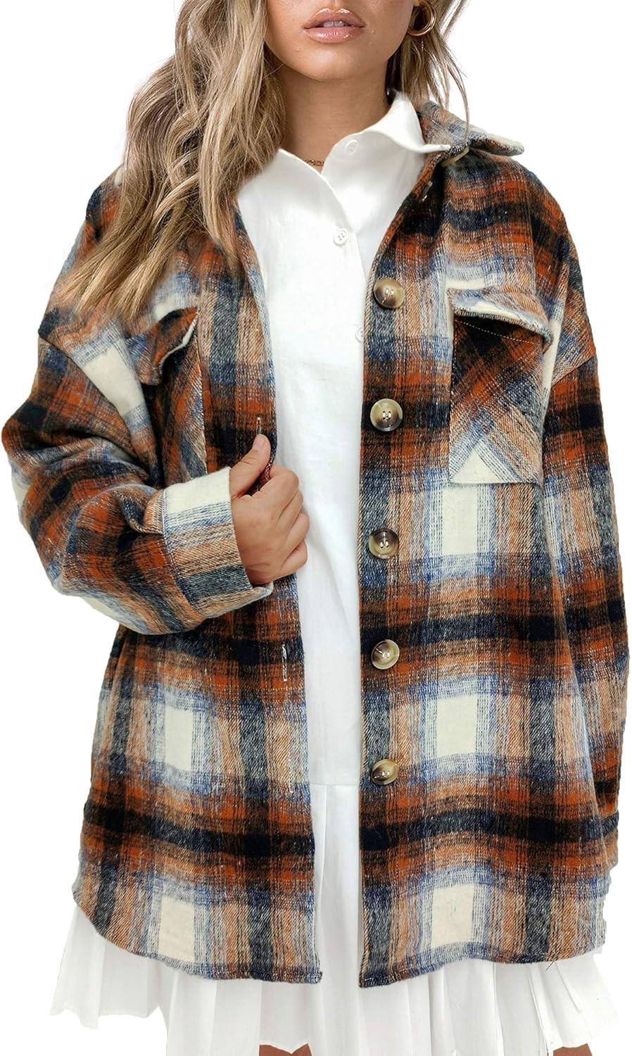 Women‘s Casual Oversize Label Button Down Long Sleeve Blend Wood Plaid Shacket Jacket Coat | Amazon (US)