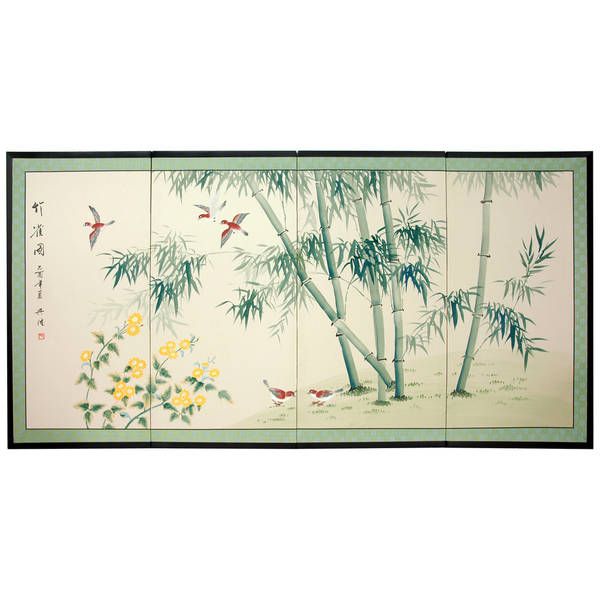 Bamboo and Five Birds' Silk Painted Privacy Screen (China) | Bed Bath & Beyond