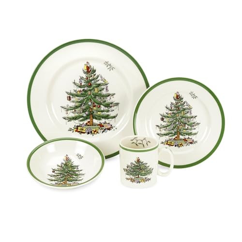 Spode Christmas Tree 4-Piece Dinnerware Setting - Fine Earthenware Holiday Tableware - Dishwasher & Microwave Safe, Festive Christmas Plates, Bowls, Mug - Holiday Dining Essentials | Amazon (US)