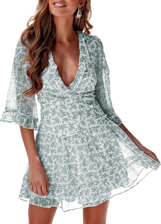 Eytino Women Sexy V Neck Long Sleeve Open Back Printed Mini Short Dresses(S-XL) | Amazon (US)