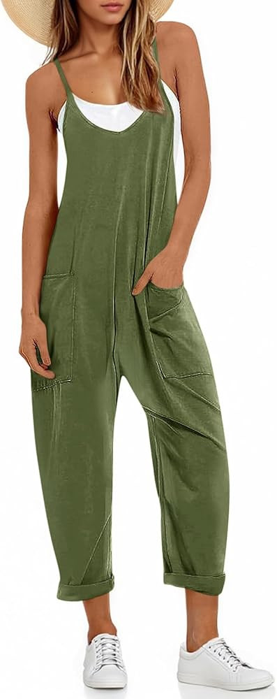 Fisoew Women's Summer Sleeveless Loose Casual V Neck Jumpsuits Spaghetti Strap Long Pants Baggy O... | Amazon (US)