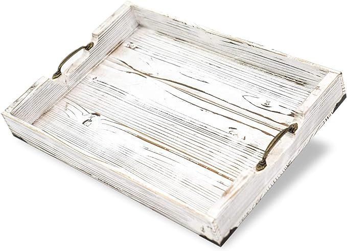 Boxwood Brothers Large 20 x 14 Inch Ottoman Tray, Distressed White Farmhouse, Solid Pine Serving ... | Amazon (US)