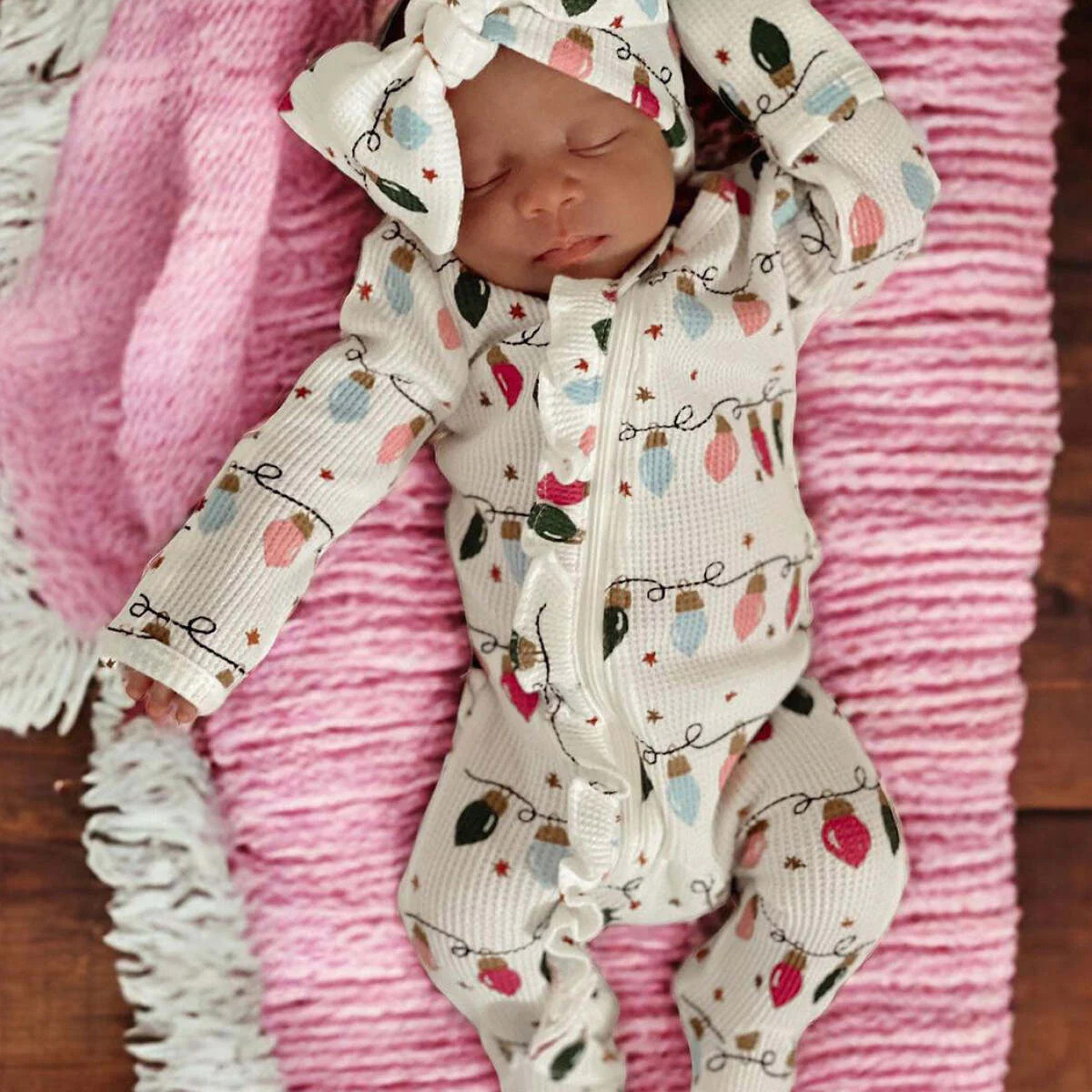 Organic Waffle Ruffle Zip Footie, Pink Christmas Lights | SpearmintLOVE