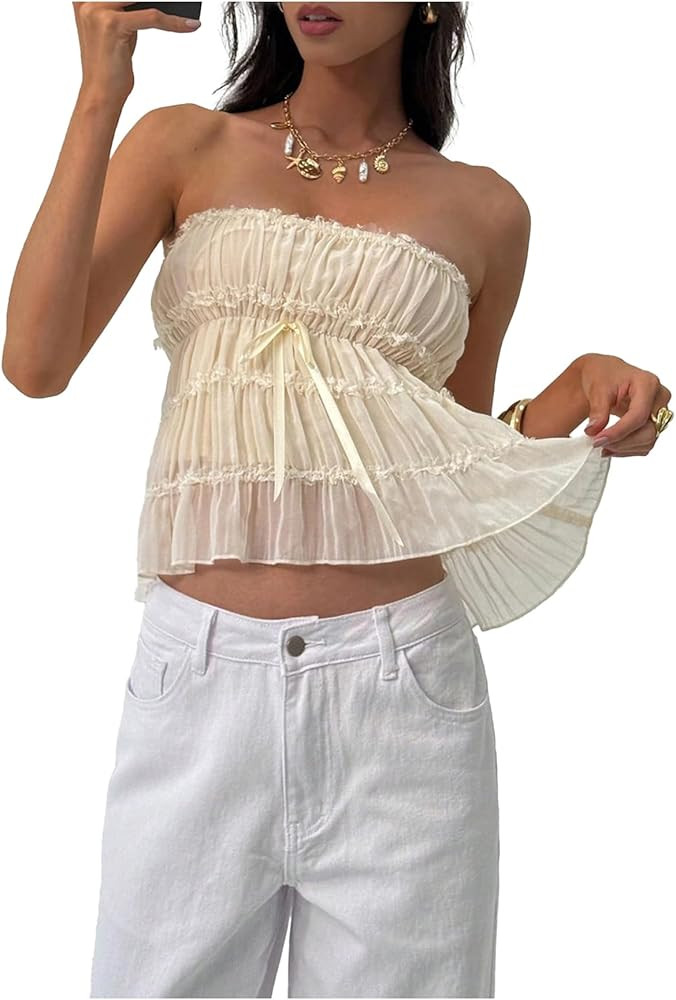 SweatyRocks Women's Pleated Shirred Mesh Tube Top Strapless Peplum Babydoll Bandeau Tops | Amazon (US)