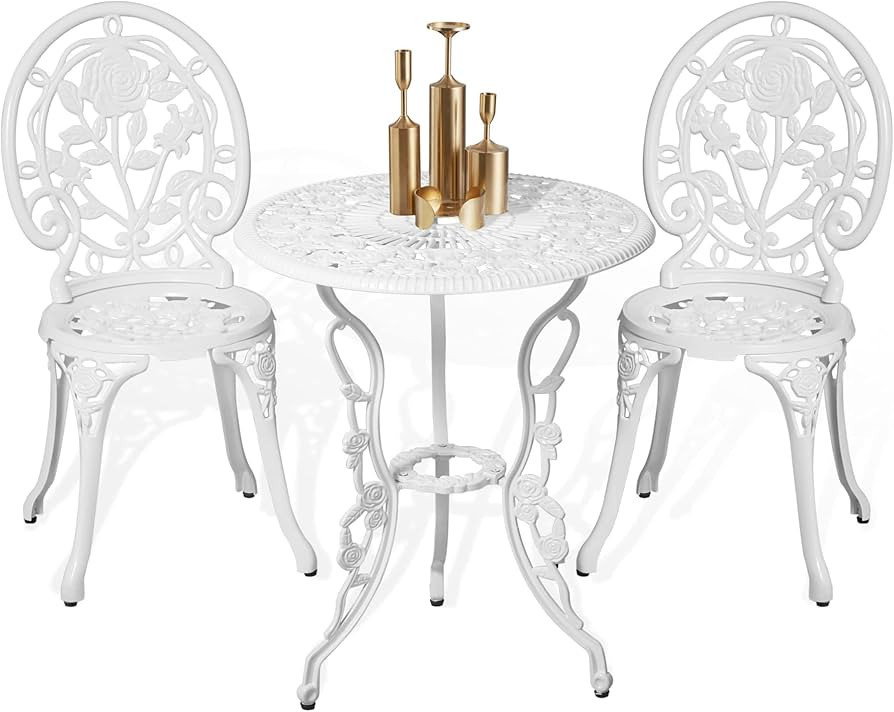 HOMEFUN Bistro Table and Chairs Set of 2 Outdoor 3 Piece Patio Set, Rose Pattern Cast Aluminum Bi... | Amazon (US)